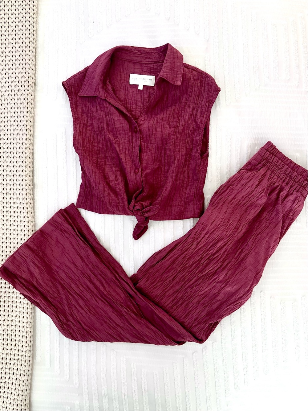 Zara Girls Textured Crinkle Muslin Burgundy Set Size 8-9